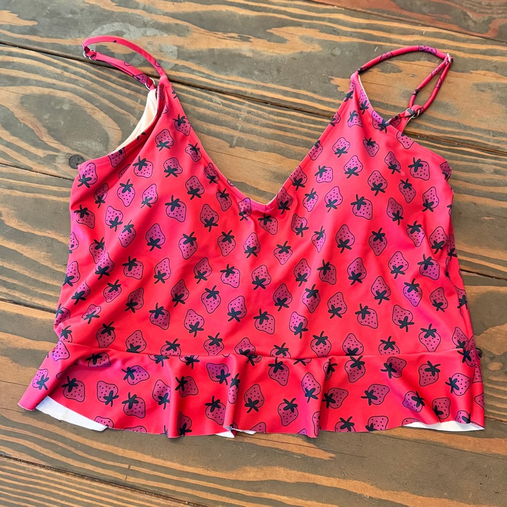 Kortni Jeane Strawberry Print Peplum Tankini Swim Top 2X